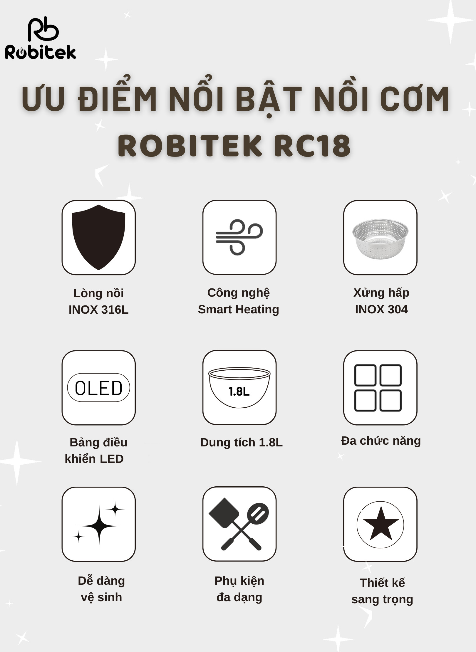 NỒI CƠM ĐIỆN LÒNG INOX ROBITEK RC18 COLOR – DUNG TÍCH 1.8L – NẤU CƠM TÁCH ĐƯỜNG, NỒI CƠM 14 CHỨC NĂNG